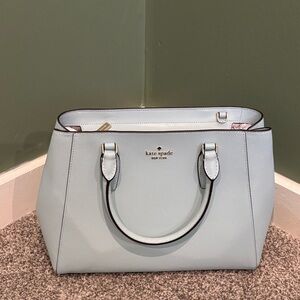 kate spade pale blue leather tote with gold hardware